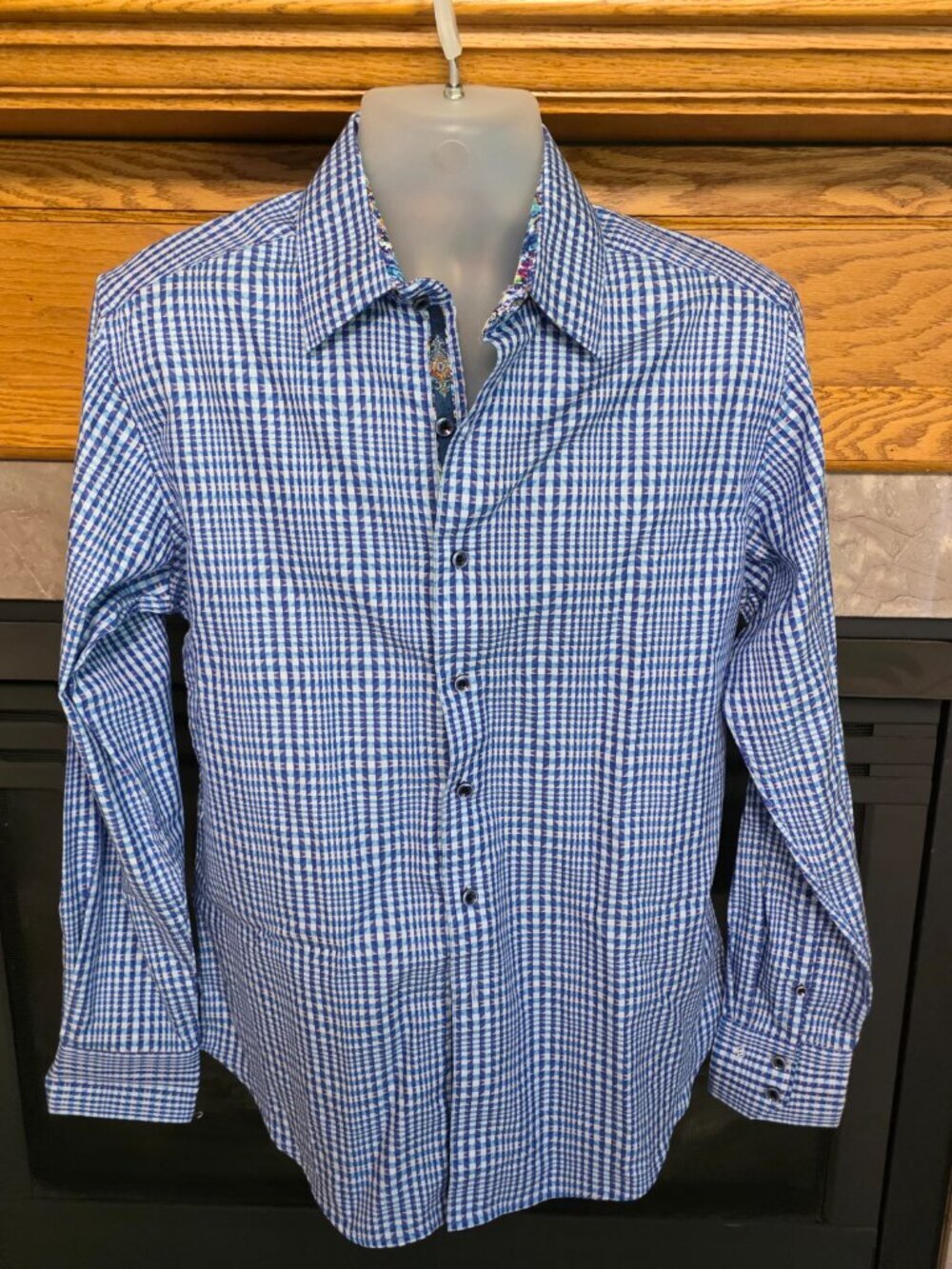 Robert Graham Mens Shirt S Blue Plaid Flip Cuff Embroidered Classic Fit